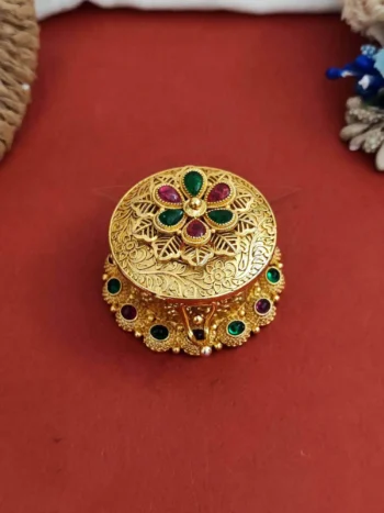 antique circle sindoor box, gold with stones