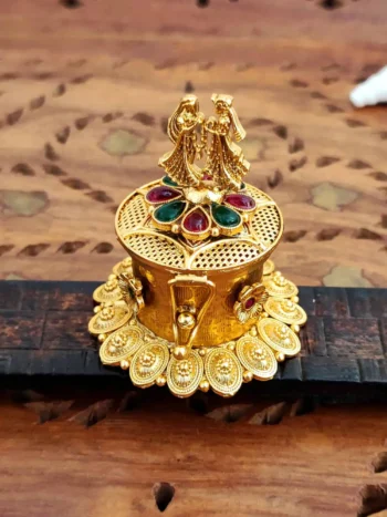 antique festival sindoor box, gold Radha Krishna