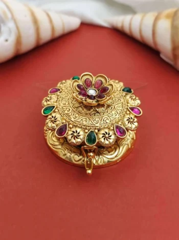 ethnic sindoor box, antique gold with stones