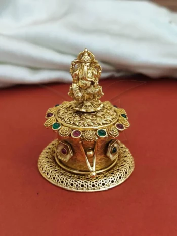 Ganpati puja box, gold with Ganesha idol and stones