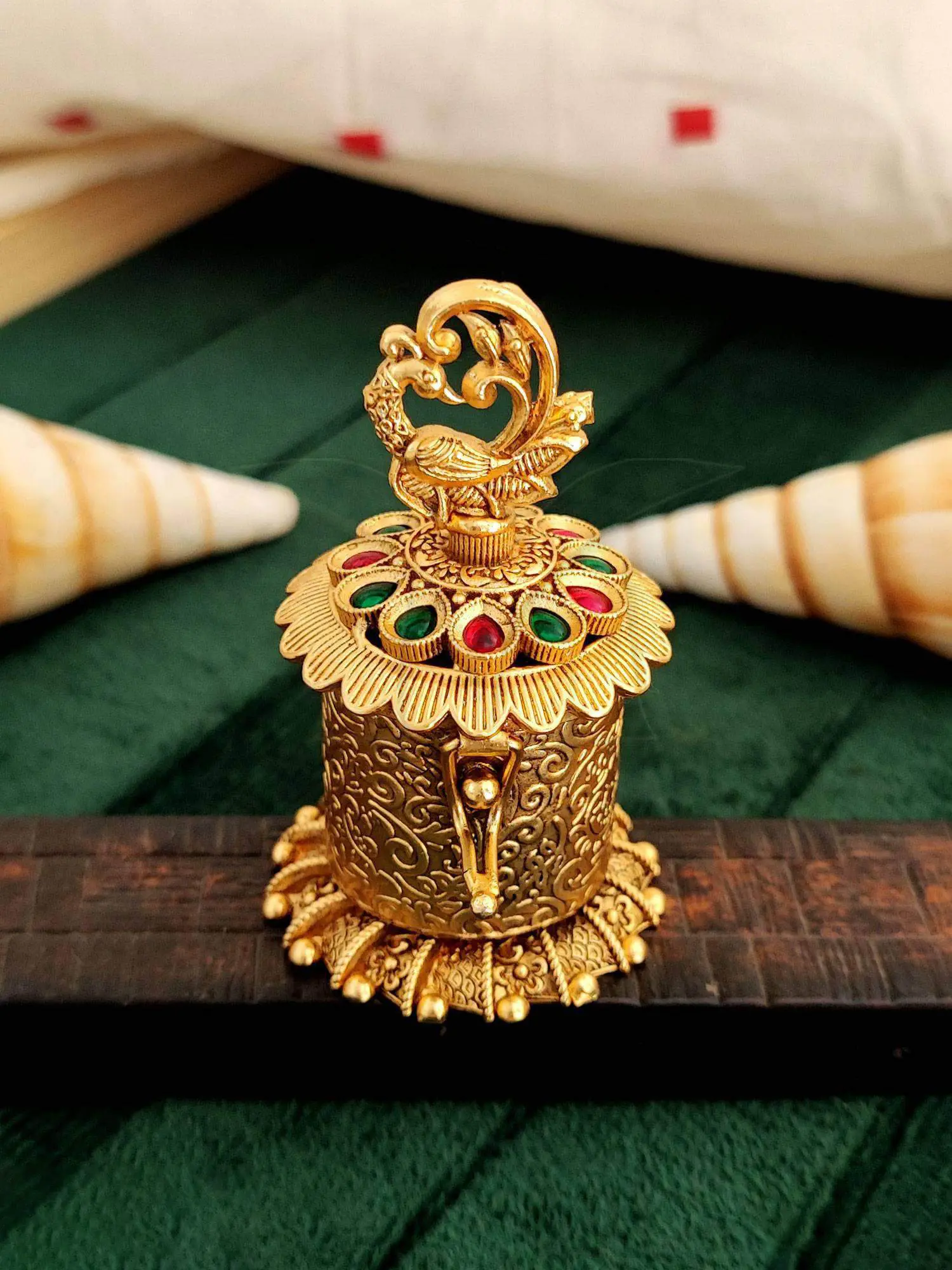 AntiqueSindurbox-Pumiroots-PRSB-25-150 multicolor peacock sindoor box, gold with stones