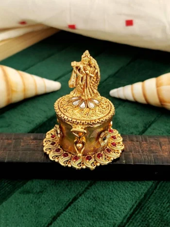 full stone sindoor box, Radha Krishna gold temple