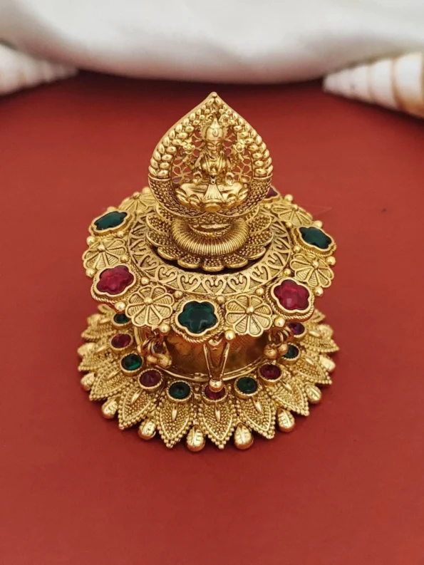 brass Laxmi sindoor box, temple and leaf design