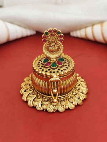 wedding sindoor box, gold peacock and Laxmi design