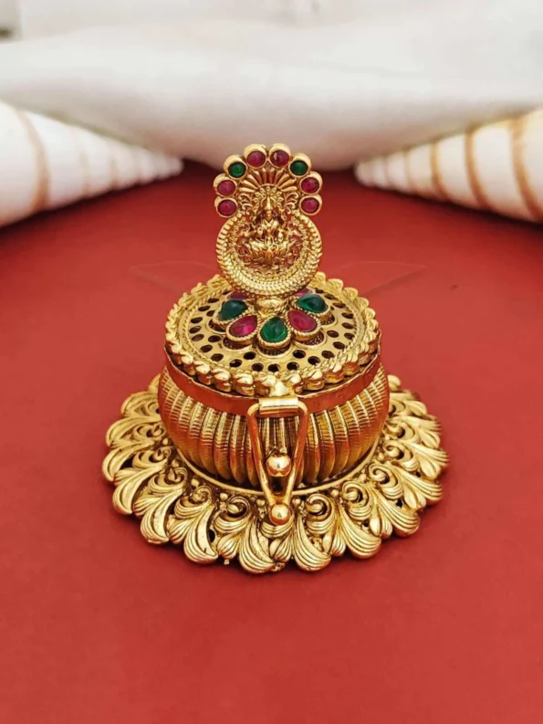 wedding sindoor box, gold peacock and Laxmi design