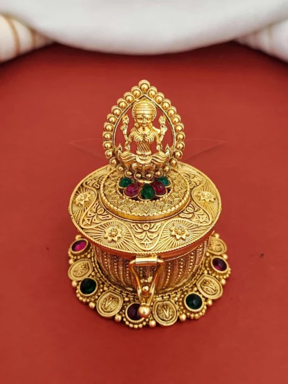 round Laxmi sindoor box, gold with stones