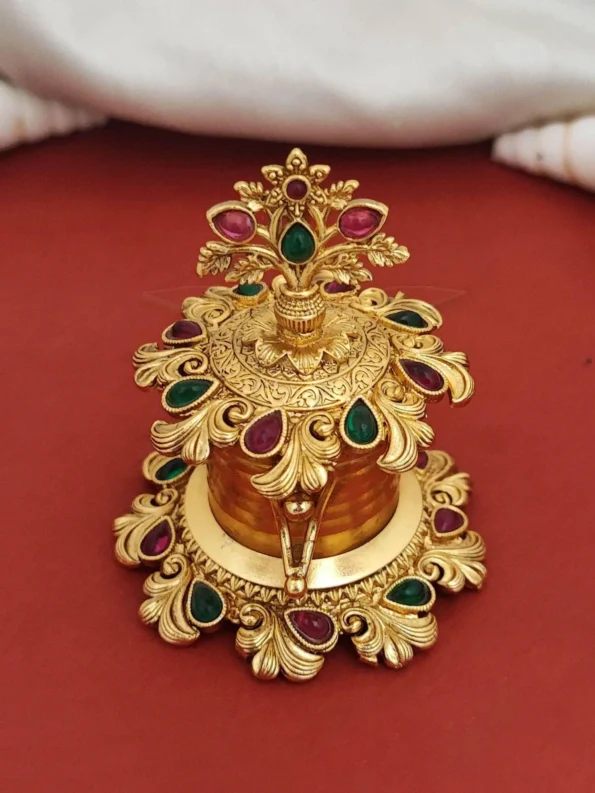 floral Rajwadi sindoor box, antique gold with gemstones