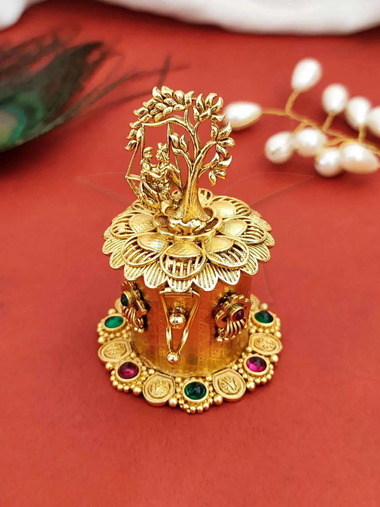 AntiqueSindurbox-Pumiroots-PRSB-25-169 Krishna swing sindoor box, gold tree statue with stones
