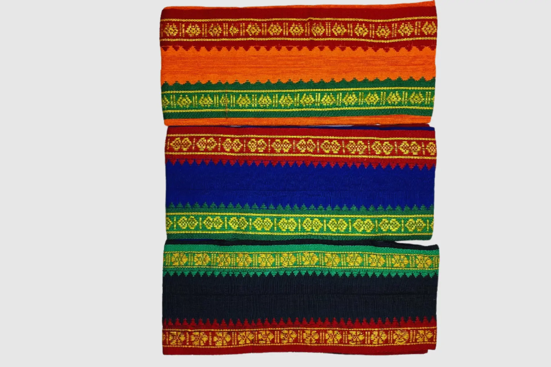 Pumiroots-AyyappanPooja-CL-SET-SHA-BBO-1 Ayyappa shalya set with black, blue, and orange towels