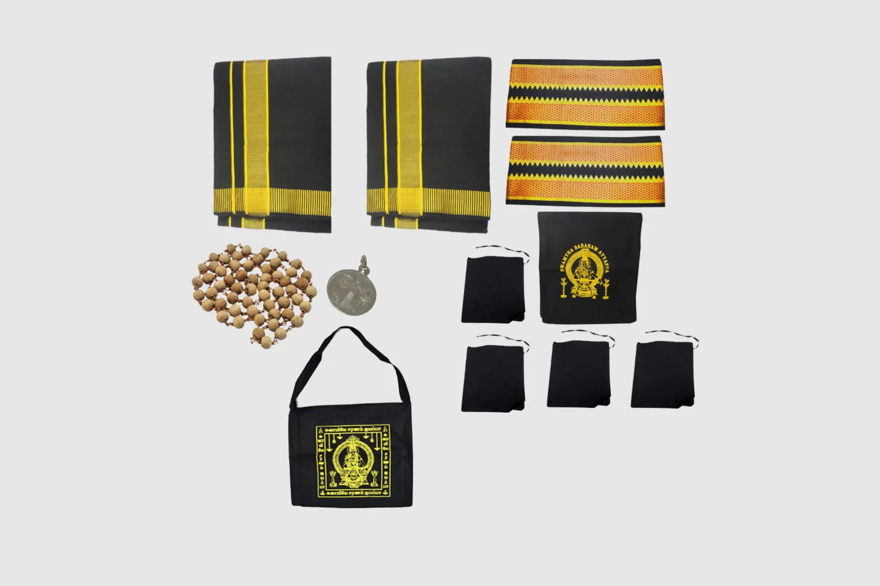 Pumiroots-AyyappanPooja-SET-1 Ayyappa Vratham Set (11-Piece) with dhoti, mala, and irumudi bag