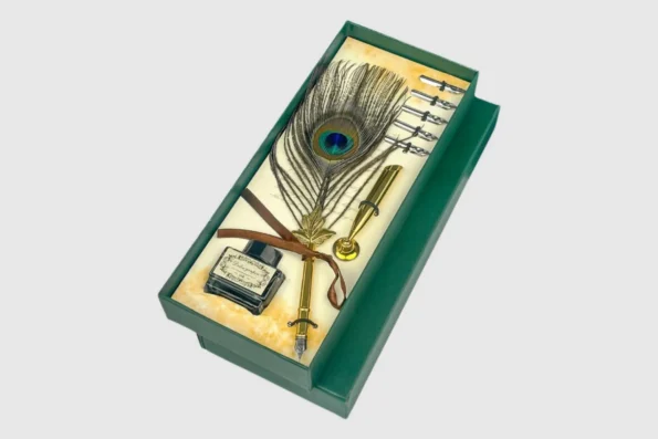 Elegant peacock feather calligraphy pen set for spiritual writing and artistic devotion
