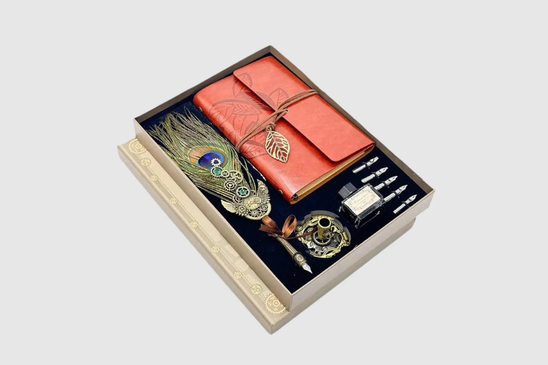 Pumiroots-Pen-CAL-PEA-3 Peacock pen diary set with feather quill and ink bottle