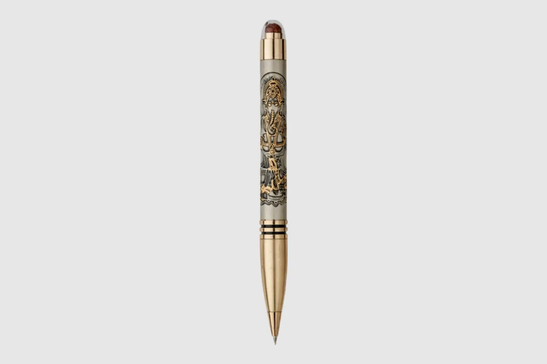 Pumiroots-Pen-DEV-GAN-1 Ganesha Rudraksha pen with gold finish and brass body