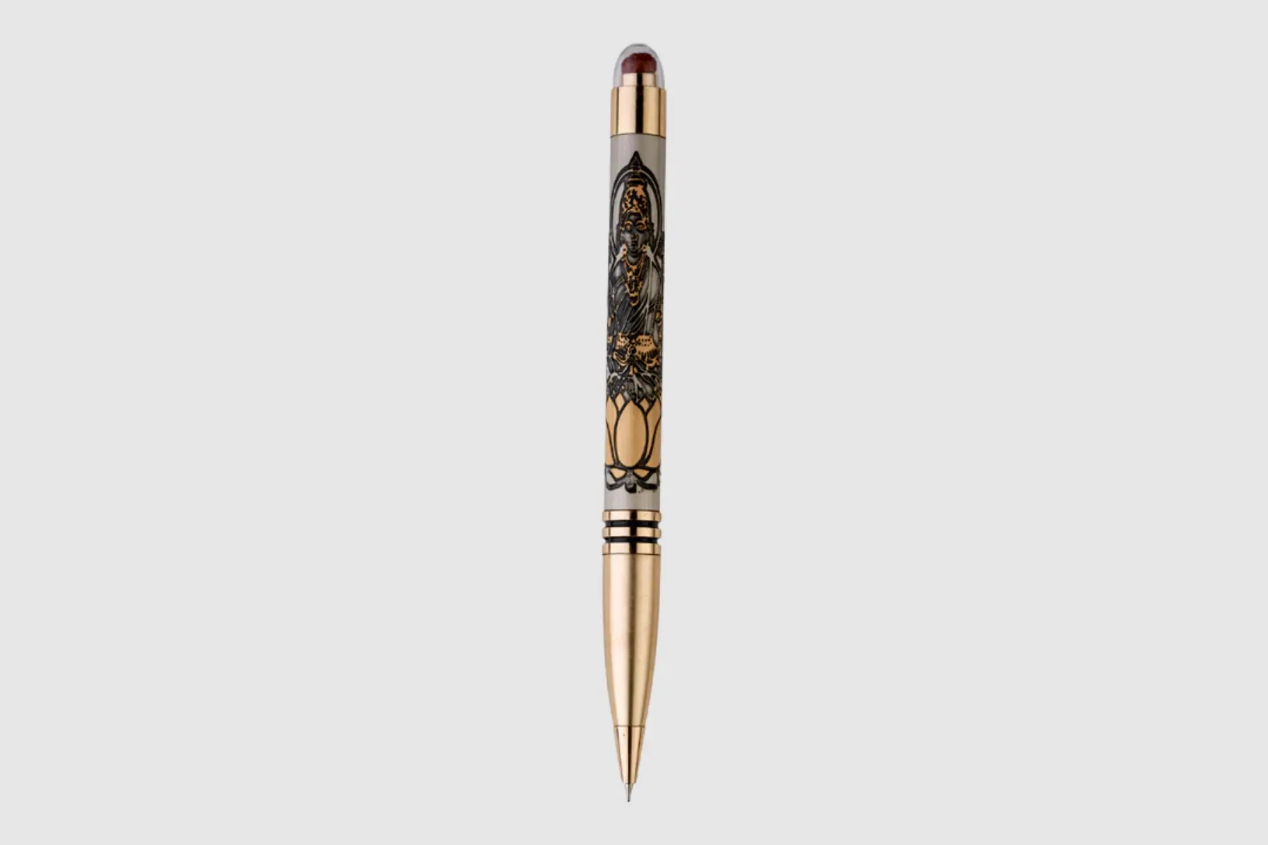 Pumiroots-Pen-DEV-LAK-3 Lakshmi Rudraksha pen with gold finish and brass body