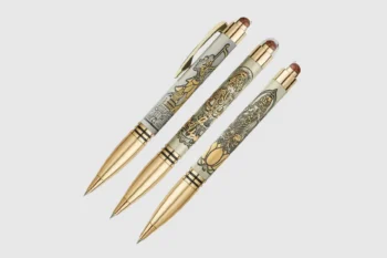 Divine Rudraksha pen set featuring Laxmi, Ram, and Ganesha pens